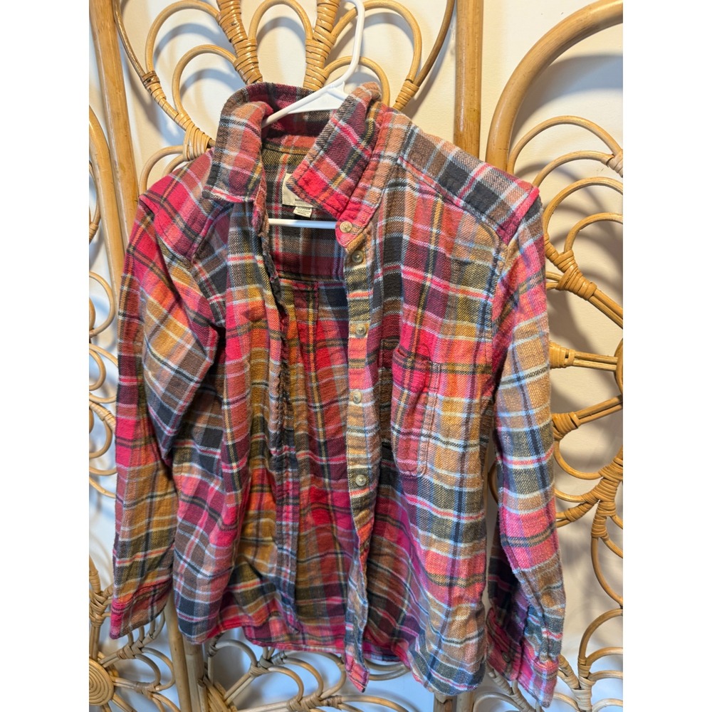 American Eagle Boyfriend Fit Flannel Shirt Pink Orange Plaid Button Down XS/TP